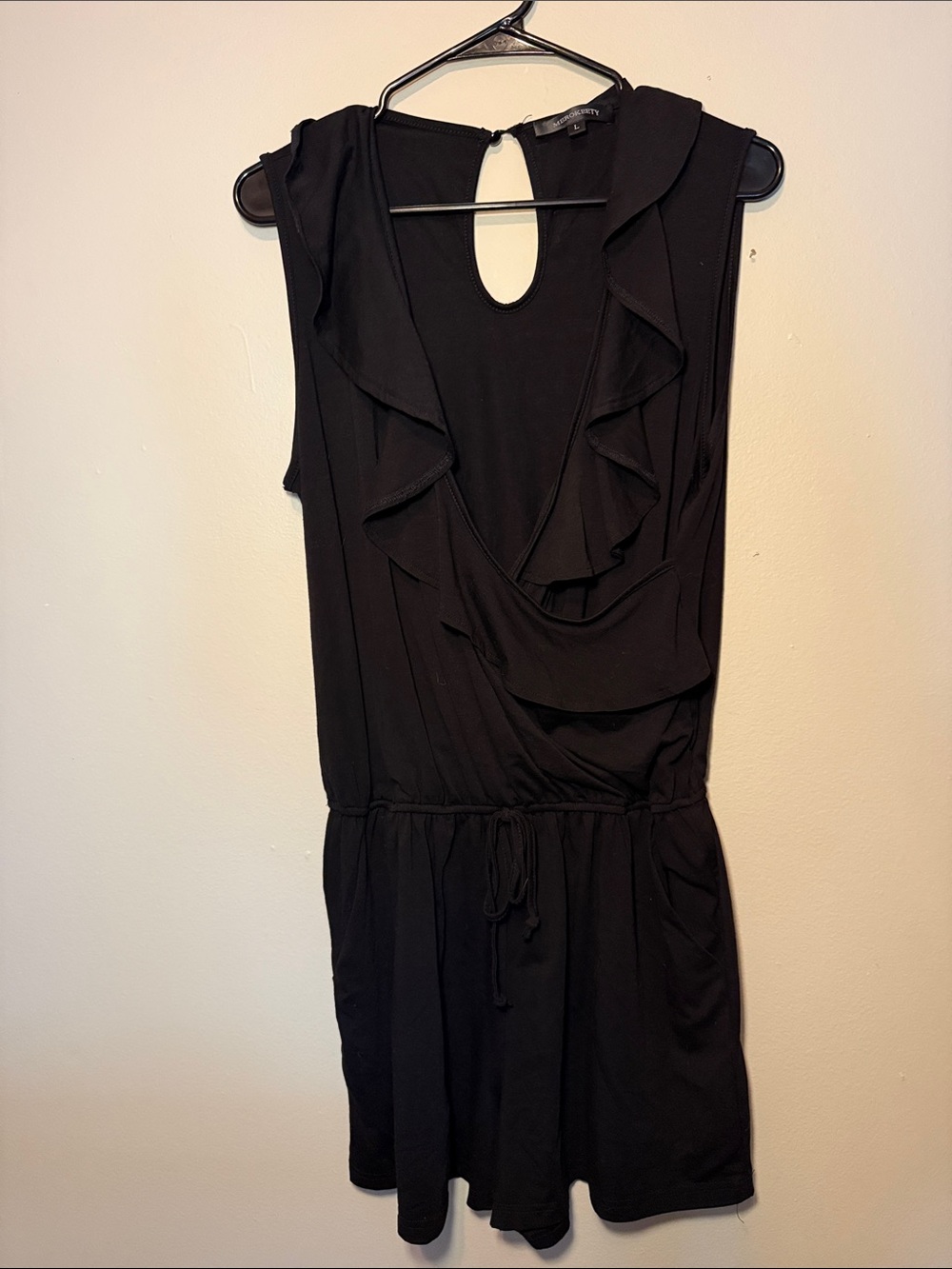 Drawstring Waist Black Ruffle-Trim Romper